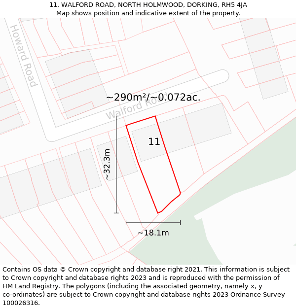 11, WALFORD ROAD, NORTH HOLMWOOD, DORKING, RH5 4JA: Plot and title map