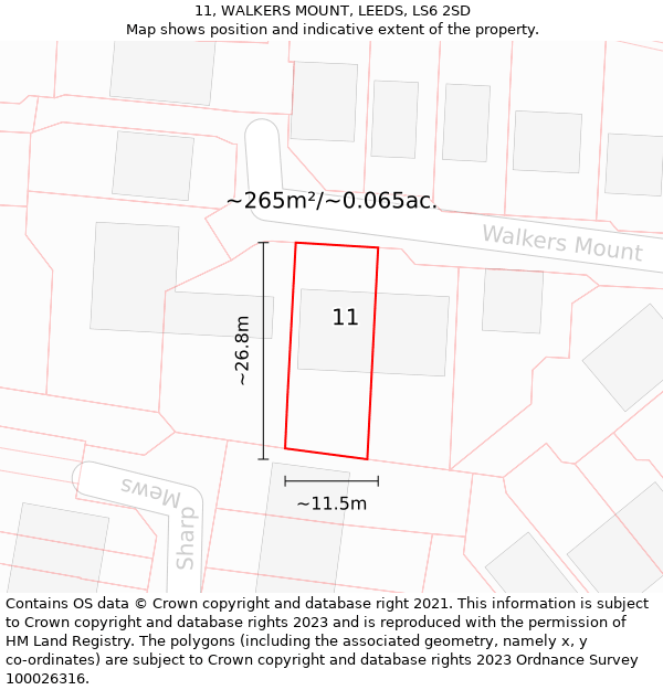 11, WALKERS MOUNT, LEEDS, LS6 2SD: Plot and title map