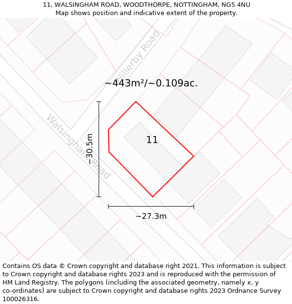 11, WALSINGHAM ROAD, WOODTHORPE, NOTTINGHAM, NG5 4NU: Plot and title map