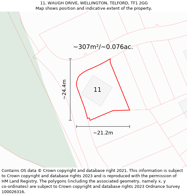 11, WAUGH DRIVE, WELLINGTON, TELFORD, TF1 2GG: Plot and title map