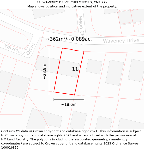 11, WAVENEY DRIVE, CHELMSFORD, CM1 7PX: Plot and title map