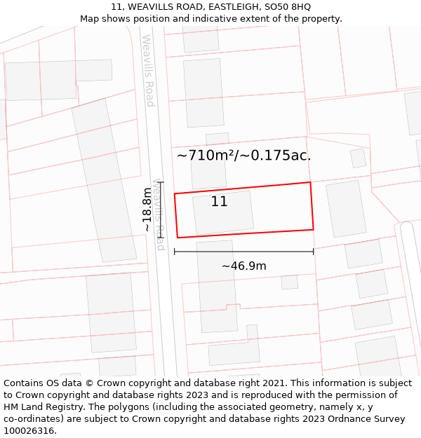 11, WEAVILLS ROAD, EASTLEIGH, SO50 8HQ: Plot and title map