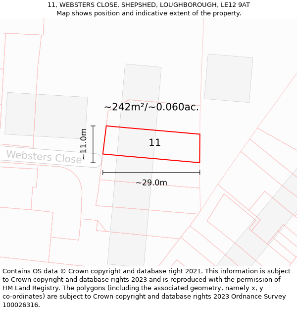 11, WEBSTERS CLOSE, SHEPSHED, LOUGHBOROUGH, LE12 9AT: Plot and title map