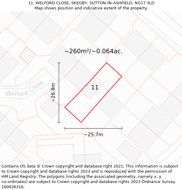 11, WELFORD CLOSE, SKEGBY, SUTTON-IN-ASHFIELD, NG17 3LD: Plot and title map