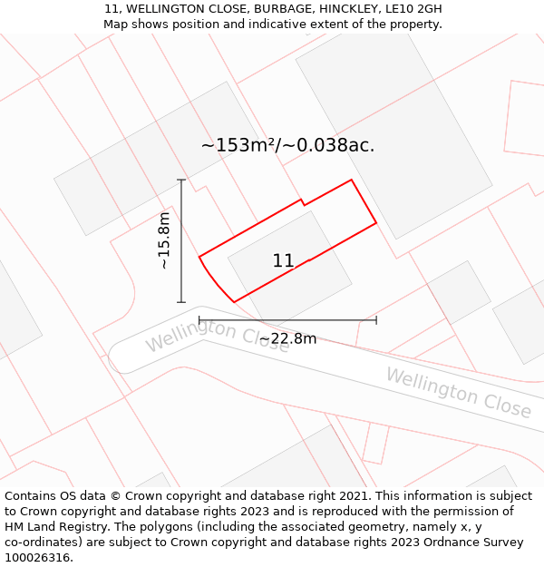 11, WELLINGTON CLOSE, BURBAGE, HINCKLEY, LE10 2GH: Plot and title map