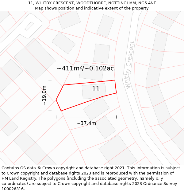 11, WHITBY CRESCENT, WOODTHORPE, NOTTINGHAM, NG5 4NE: Plot and title map