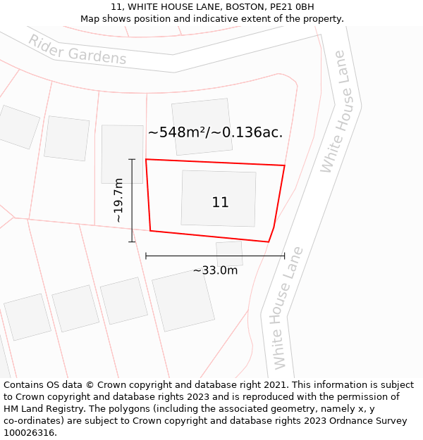11, WHITE HOUSE LANE, BOSTON, PE21 0BH: Plot and title map