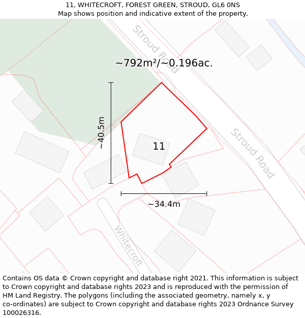 11, WHITECROFT, FOREST GREEN, STROUD, GL6 0NS: Plot and title map