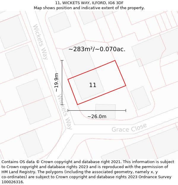 11, WICKETS WAY, ILFORD, IG6 3DF: Plot and title map