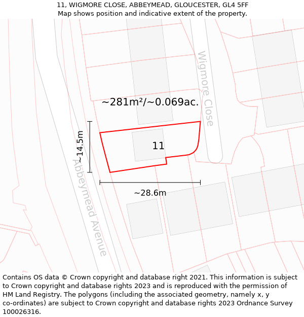 11, WIGMORE CLOSE, ABBEYMEAD, GLOUCESTER, GL4 5FF: Plot and title map