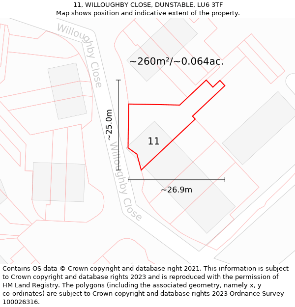 11, WILLOUGHBY CLOSE, DUNSTABLE, LU6 3TF: Plot and title map