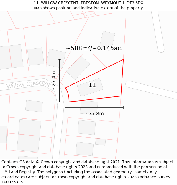 11, WILLOW CRESCENT, PRESTON, WEYMOUTH, DT3 6DX: Plot and title map