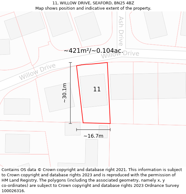11, WILLOW DRIVE, SEAFORD, BN25 4BZ: Plot and title map