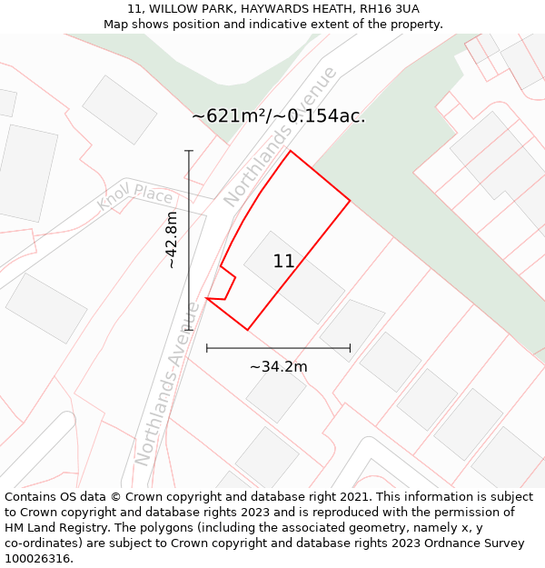 11, WILLOW PARK, HAYWARDS HEATH, RH16 3UA: Plot and title map