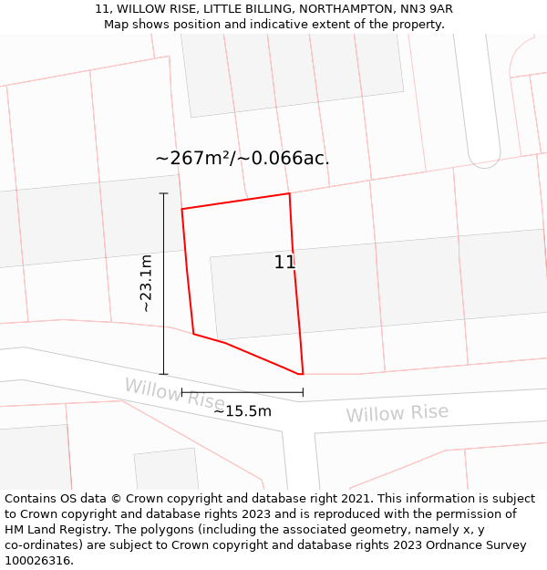 11, WILLOW RISE, LITTLE BILLING, NORTHAMPTON, NN3 9AR: Plot and title map