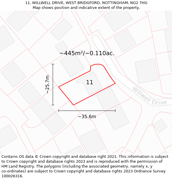 11, WILLWELL DRIVE, WEST BRIDGFORD, NOTTINGHAM, NG2 7HG: Plot and title map