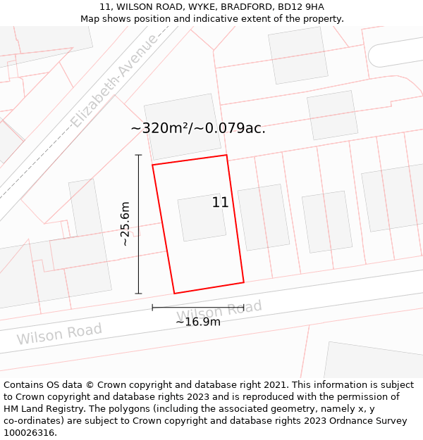 11, WILSON ROAD, WYKE, BRADFORD, BD12 9HA: Plot and title map