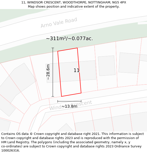 11, WINDSOR CRESCENT, WOODTHORPE, NOTTINGHAM, NG5 4PX: Plot and title map