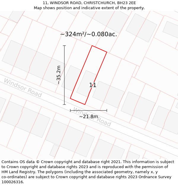 11, WINDSOR ROAD, CHRISTCHURCH, BH23 2EE: Plot and title map