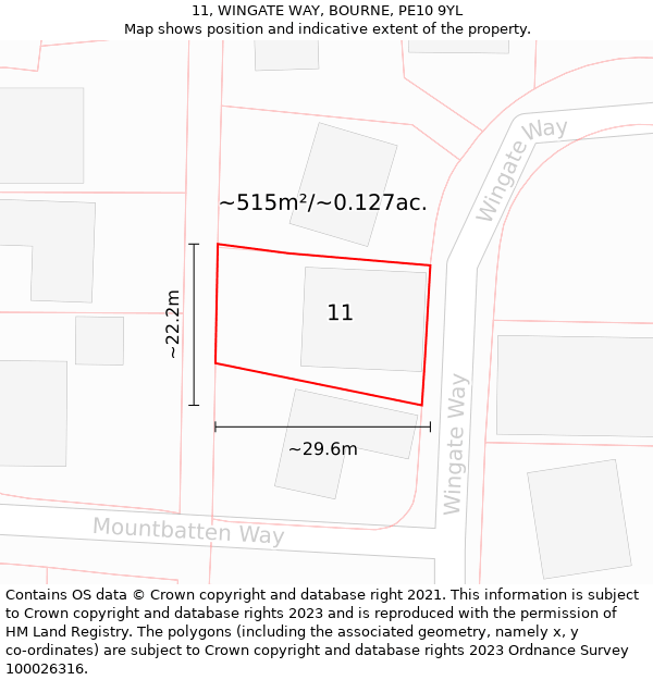 11, WINGATE WAY, BOURNE, PE10 9YL: Plot and title map