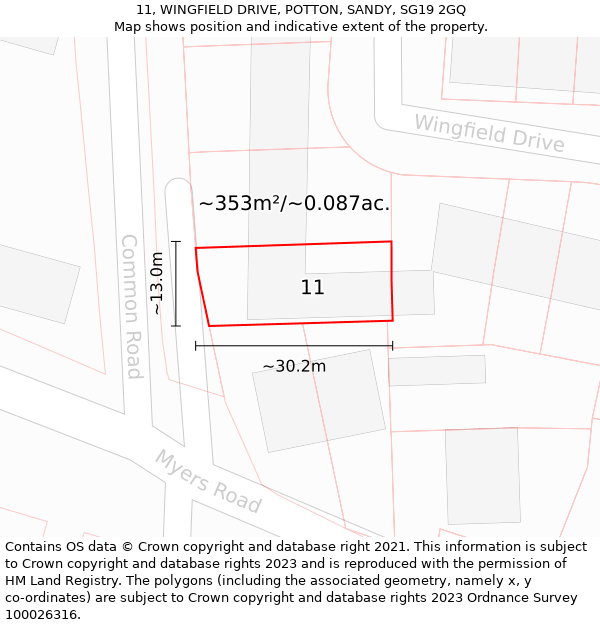 11, WINGFIELD DRIVE, POTTON, SANDY, SG19 2GQ: Plot and title map