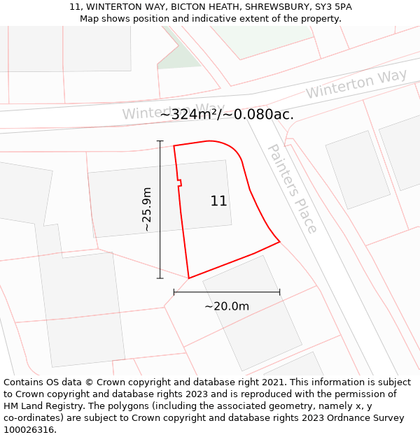 11, WINTERTON WAY, BICTON HEATH, SHREWSBURY, SY3 5PA: Plot and title map