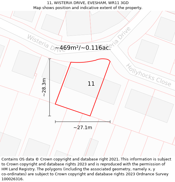 11, WISTERIA DRIVE, EVESHAM, WR11 3GD: Plot and title map