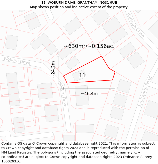 11, WOBURN DRIVE, GRANTHAM, NG31 9UE: Plot and title map