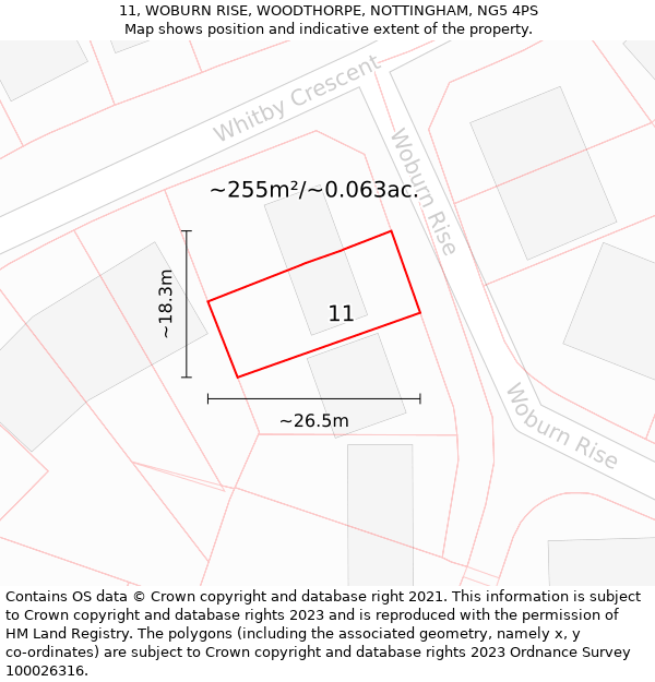 11, WOBURN RISE, WOODTHORPE, NOTTINGHAM, NG5 4PS: Plot and title map