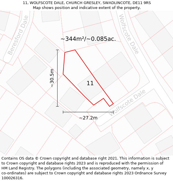 11, WOLFSCOTE DALE, CHURCH GRESLEY, SWADLINCOTE, DE11 9RS: Plot and title map