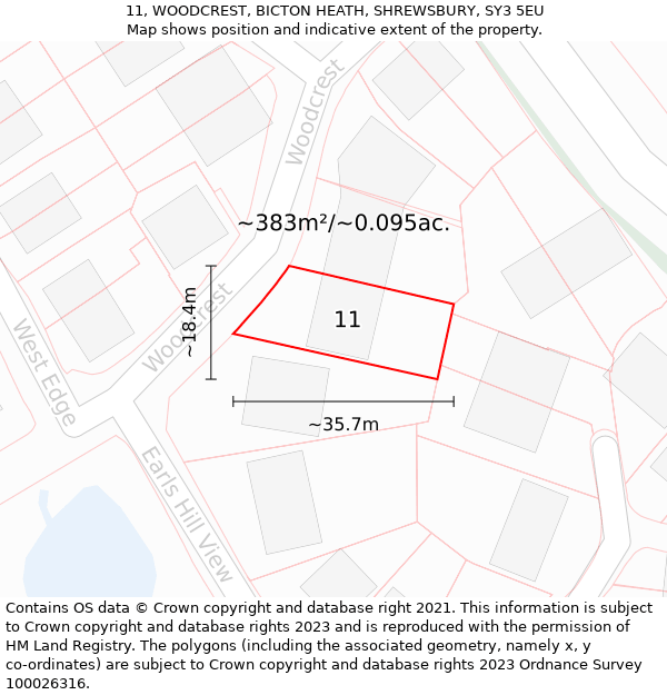 11, WOODCREST, BICTON HEATH, SHREWSBURY, SY3 5EU: Plot and title map