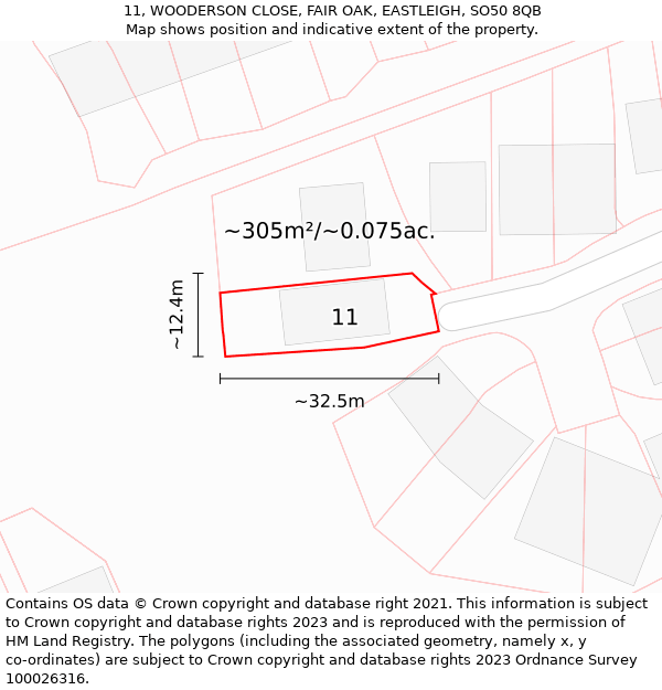 11, WOODERSON CLOSE, FAIR OAK, EASTLEIGH, SO50 8QB: Plot and title map