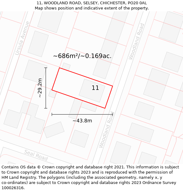 11, WOODLAND ROAD, SELSEY, CHICHESTER, PO20 0AL: Plot and title map