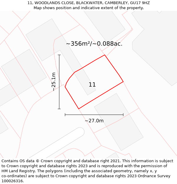 11, WOODLANDS CLOSE, BLACKWATER, CAMBERLEY, GU17 9HZ: Plot and title map