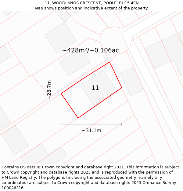 11, WOODLANDS CRESCENT, POOLE, BH15 4EN: Plot and title map