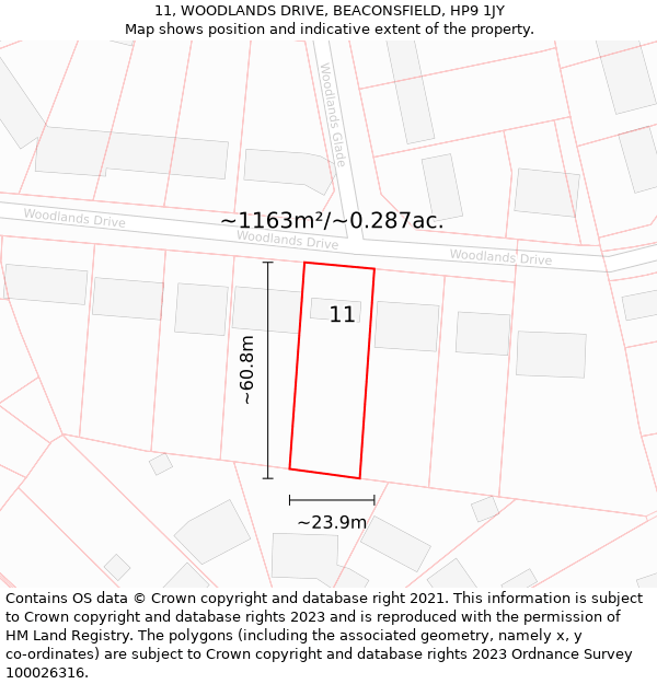 11, WOODLANDS DRIVE, BEACONSFIELD, HP9 1JY: Plot and title map