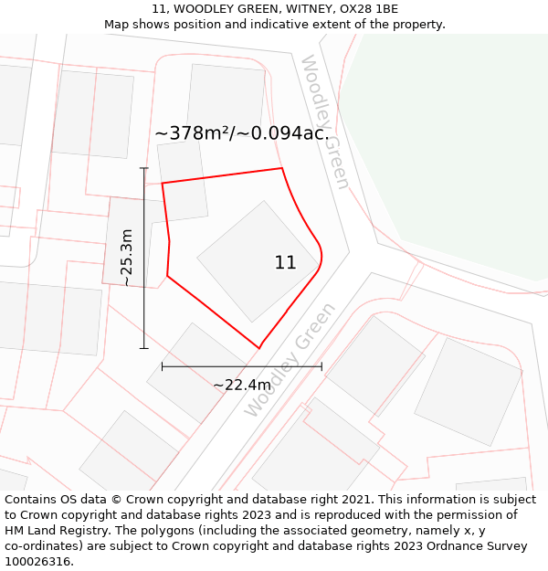 11, WOODLEY GREEN, WITNEY, OX28 1BE: Plot and title map