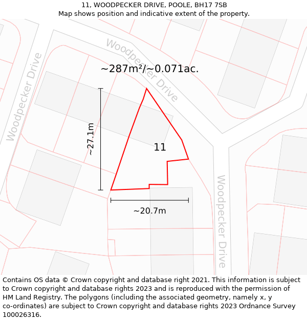 11, WOODPECKER DRIVE, POOLE, BH17 7SB: Plot and title map