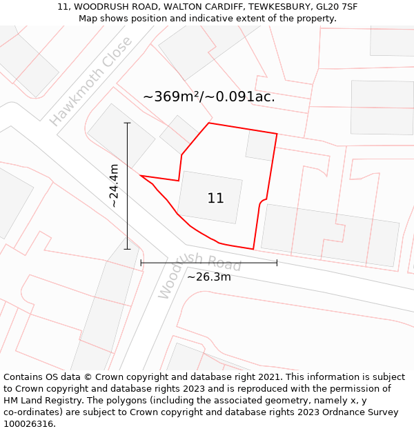 11, WOODRUSH ROAD, WALTON CARDIFF, TEWKESBURY, GL20 7SF: Plot and title map