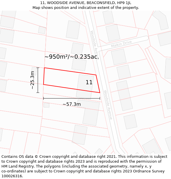 11, WOODSIDE AVENUE, BEACONSFIELD, HP9 1JL: Plot and title map