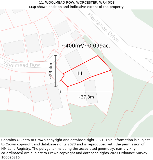 11, WOOLMEAD ROW, WORCESTER, WR4 0QB: Plot and title map