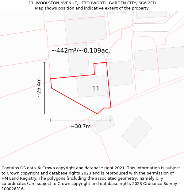 11, WOOLSTON AVENUE, LETCHWORTH GARDEN CITY, SG6 2ED: Plot and title map