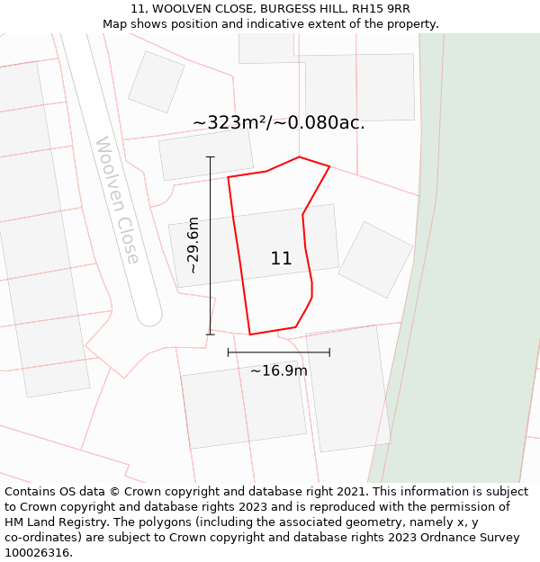 11, WOOLVEN CLOSE, BURGESS HILL, RH15 9RR: Plot and title map