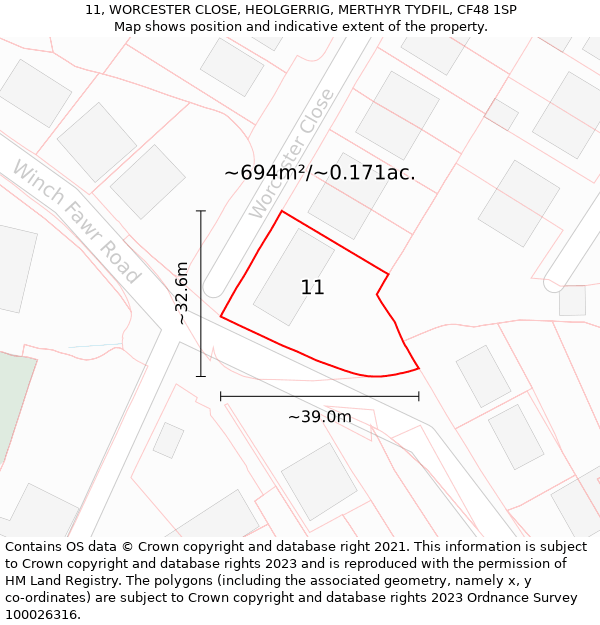 11, WORCESTER CLOSE, HEOLGERRIG, MERTHYR TYDFIL, CF48 1SP: Plot and title map