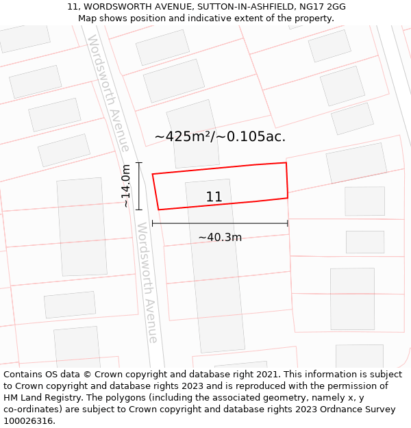 11, WORDSWORTH AVENUE, SUTTON-IN-ASHFIELD, NG17 2GG: Plot and title map