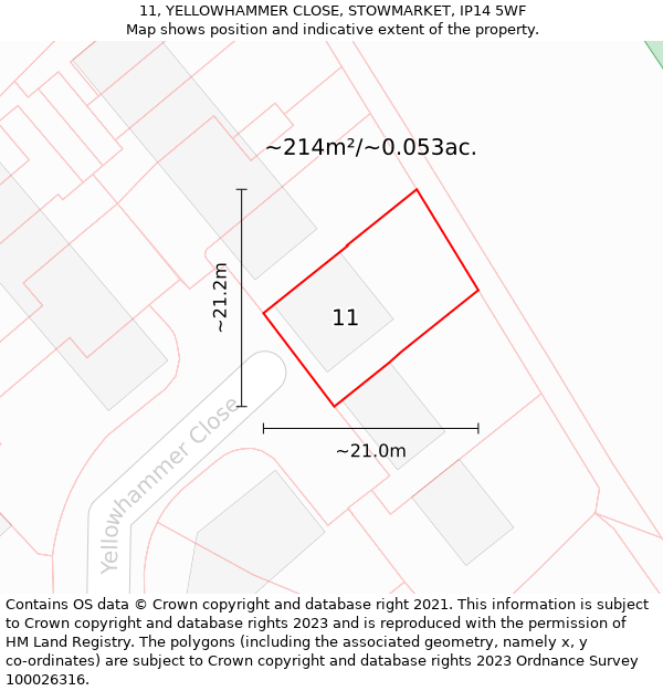 11, YELLOWHAMMER CLOSE, STOWMARKET, IP14 5WF: Plot and title map