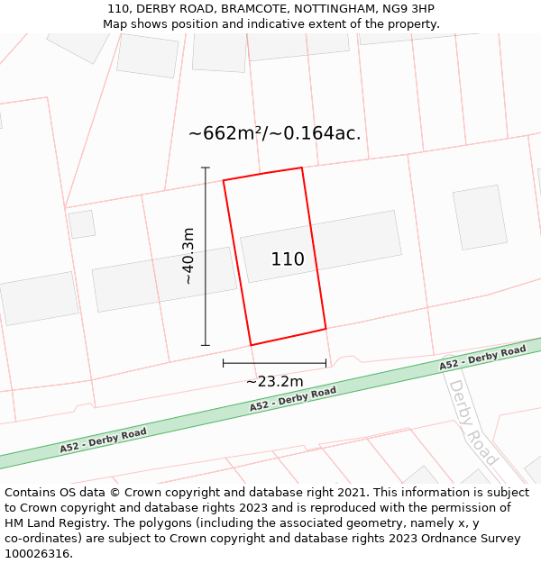 110, DERBY ROAD, BRAMCOTE, NOTTINGHAM, NG9 3HP: Plot and title map