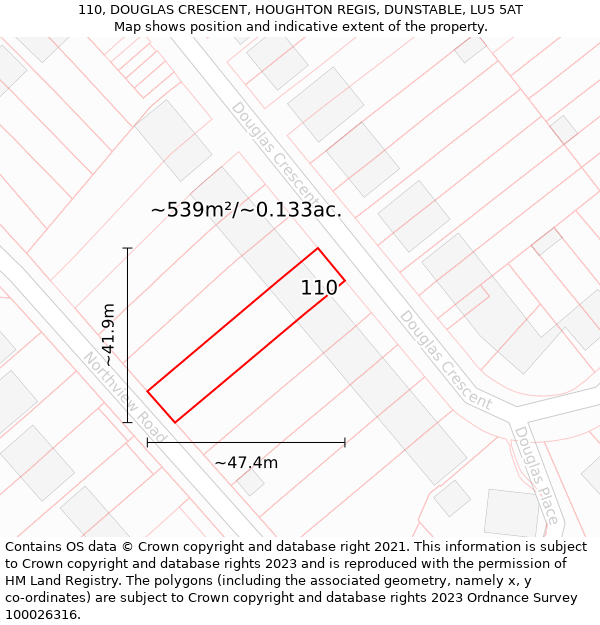 110, DOUGLAS CRESCENT, HOUGHTON REGIS, DUNSTABLE, LU5 5AT: Plot and title map