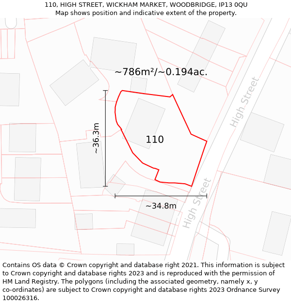 110, HIGH STREET, WICKHAM MARKET, WOODBRIDGE, IP13 0QU: Plot and title map
