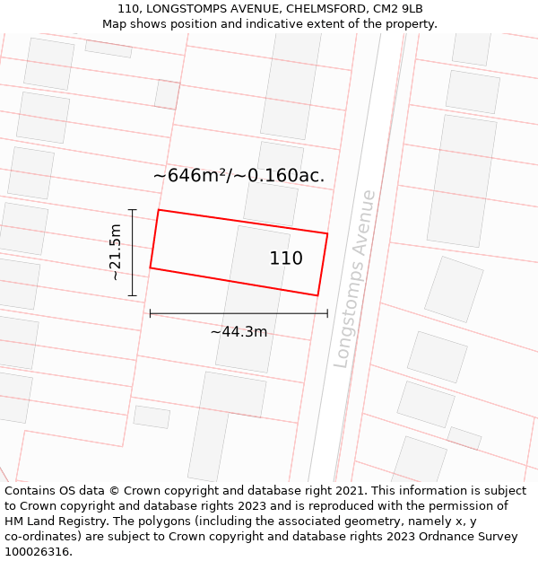 110, LONGSTOMPS AVENUE, CHELMSFORD, CM2 9LB: Plot and title map